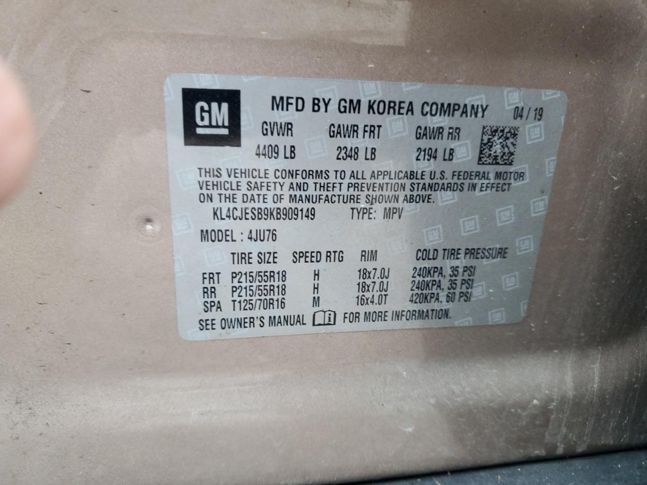 2019 Buick Encore Preferred VIN: KL4CJESB9KB909149 Lot: 90446885