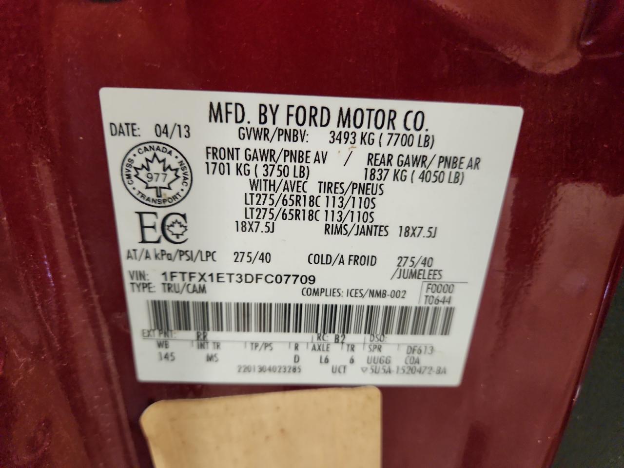 2013 Ford F150 Super Cab VIN: 1FTFX1ET3DFC07709 Lot: 90293515