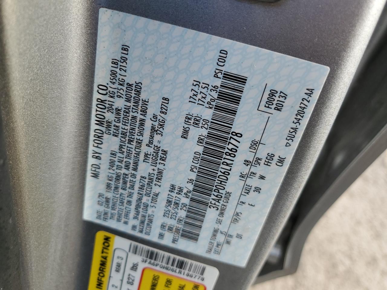 2020 Ford Fusion Se VIN: 3FA6P0HD6LR186778 Lot: 90978115