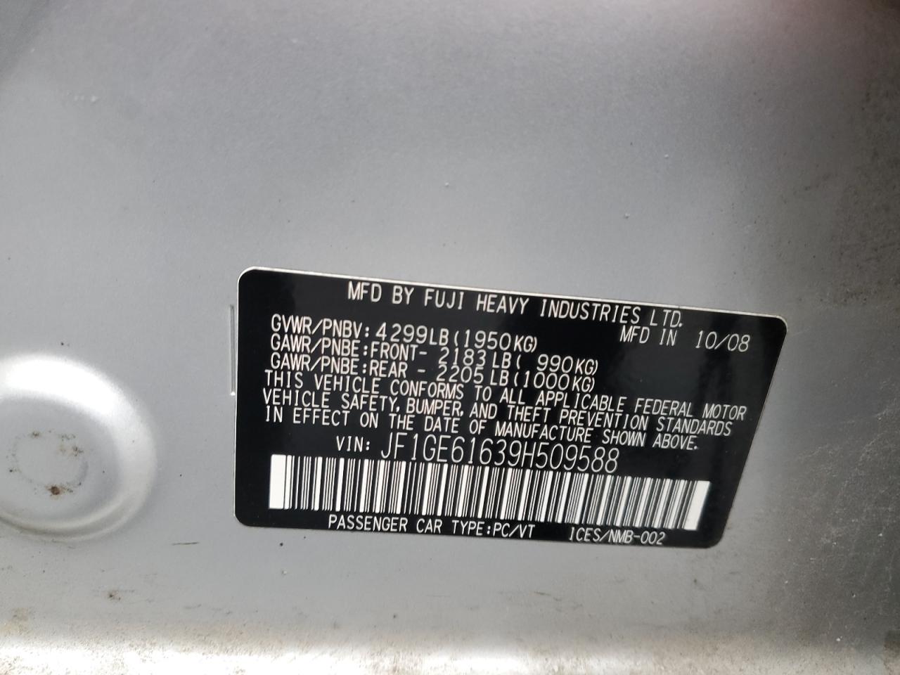 2009 Subaru Impreza 2.5I VIN: JF1GE61639H509588 Lot: 85498455