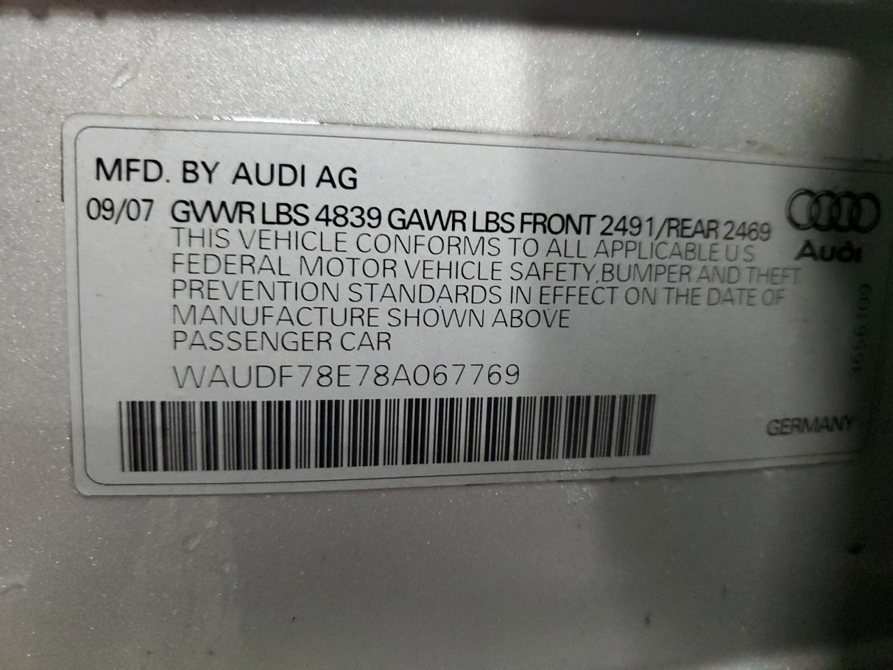 2008 Audi A4 2.0T Quattro VIN: WAUDF78E78A067769 Lot: 90471675