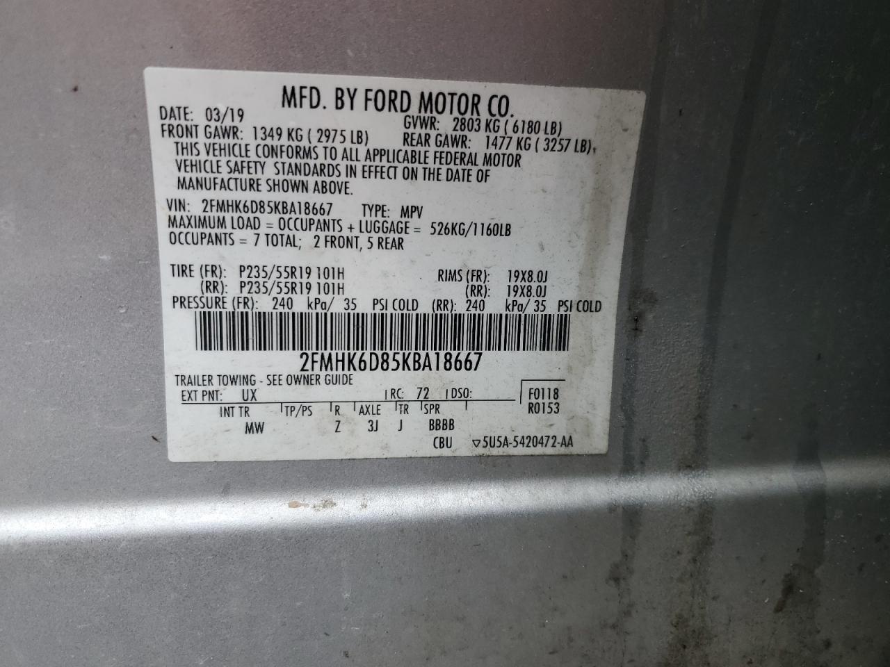 2019 Ford Flex Limited VIN: 2FMHK6D85KBA18667 Lot: 86228875