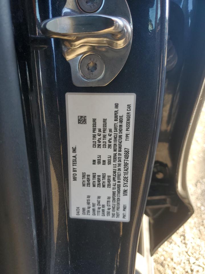 2024 Tesla Model 3 VIN: 5YJ3E1EA2RF748687 Lot: 85324705