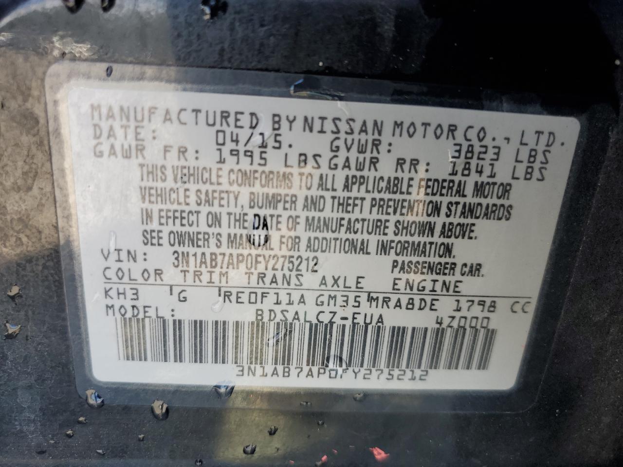 2015 Nissan Sentra S VIN: 3N1AB7AP0FY275212 Lot: 84598125