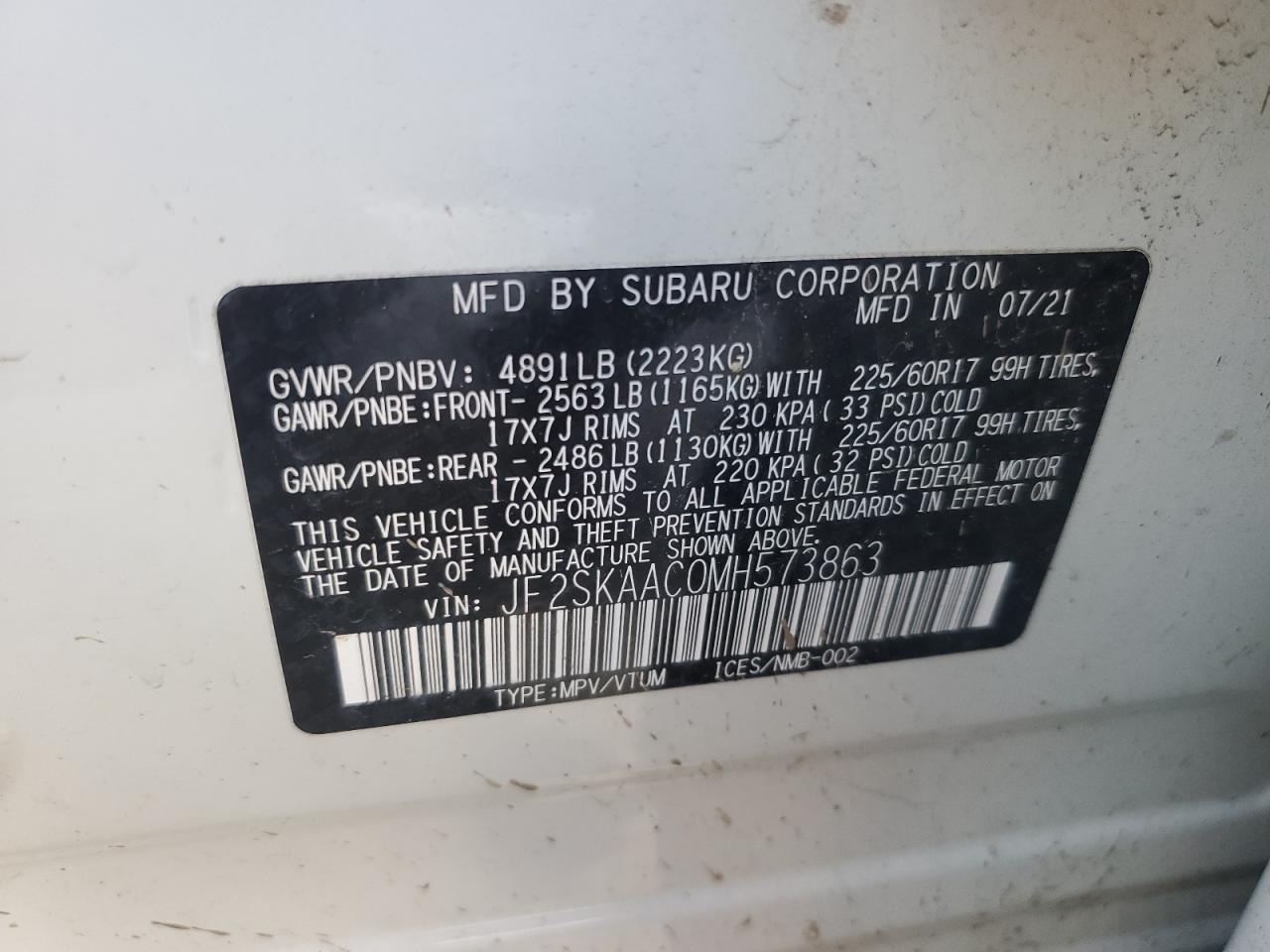 2021 Subaru Forester VIN: JF2SKAAC0MH573863 Lot: 85684545