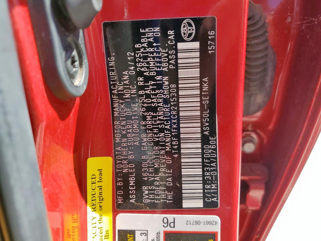 2012 Toyota Camry Base VIN: 4T4BF1FKXCR215308 Lot: 85673755