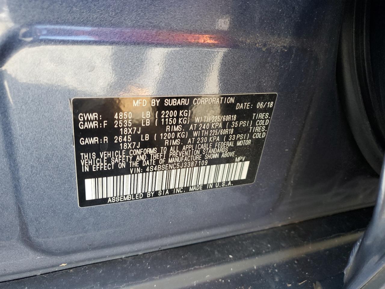 2018 Subaru Outback 3.6R Limited VIN: 4S4BSENC5J3387109 Lot: 81889405