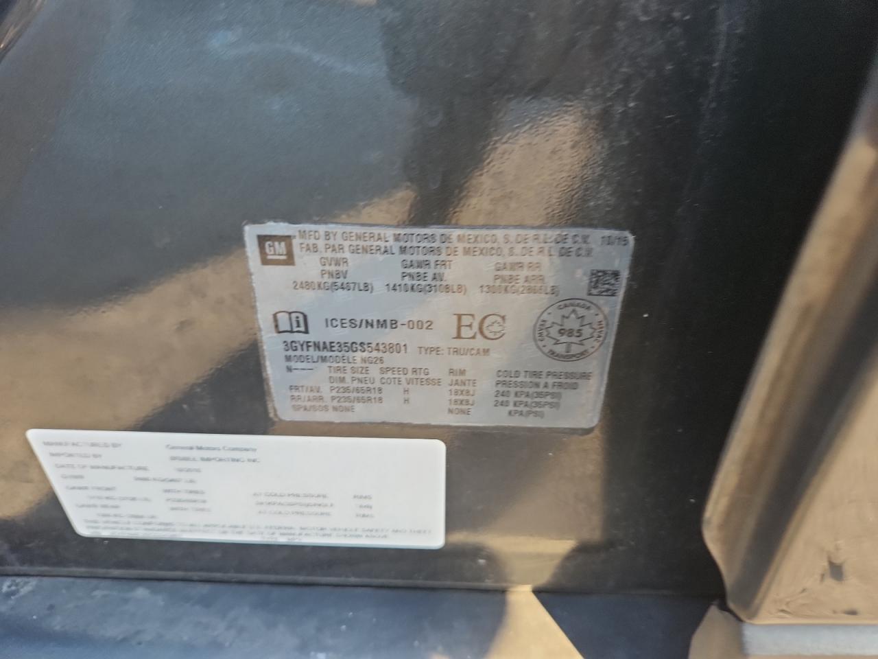 2016 Cadillac Srx VIN: 3GYFNAE35GS543801 Lot: 86546445