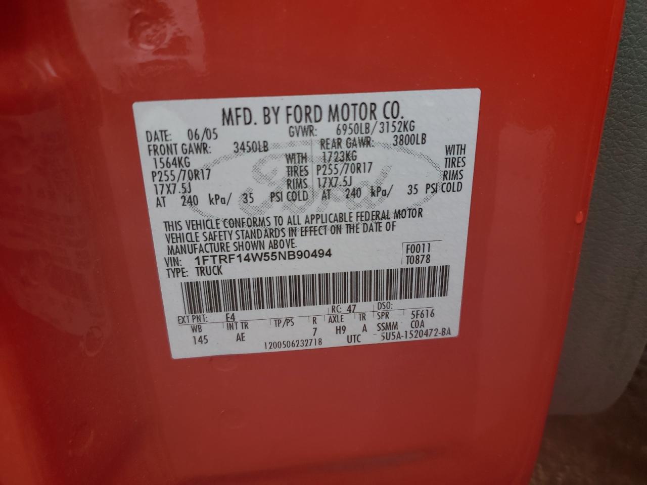 2005 Ford F150 VIN: 1FTRF14W55NB90494 Lot: 90647355