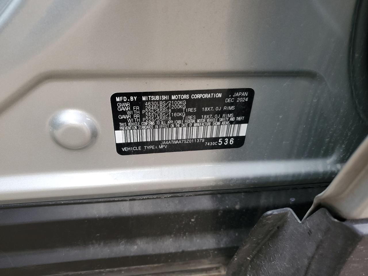 2025 Mitsubishi Eclipse Cross Se VIN: JA4ATWAA7SZ011379 Lot: 86414075