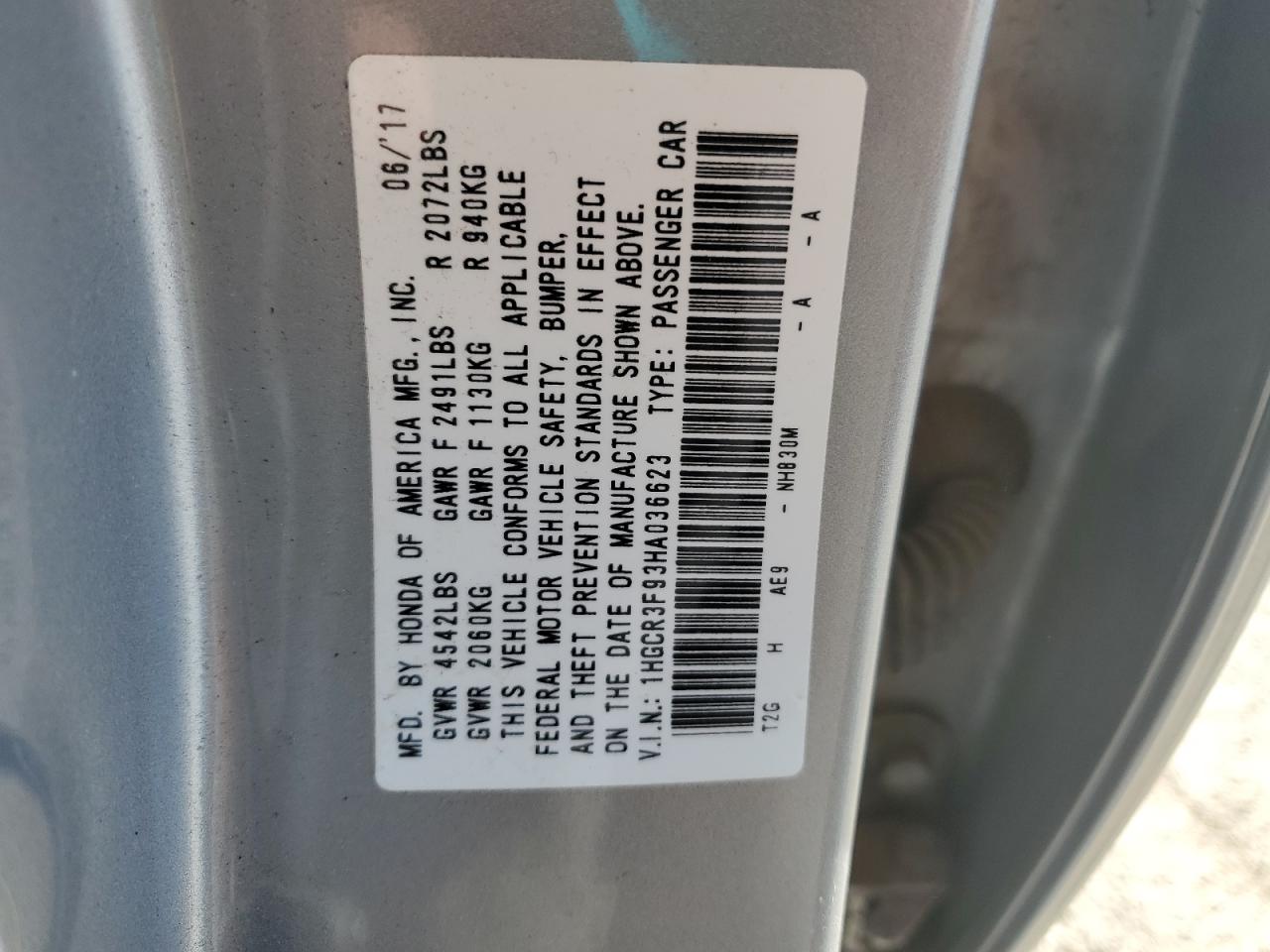 2017 Honda Accord Touring VIN: 1HGCR3F93HA036623 Lot: 86074315