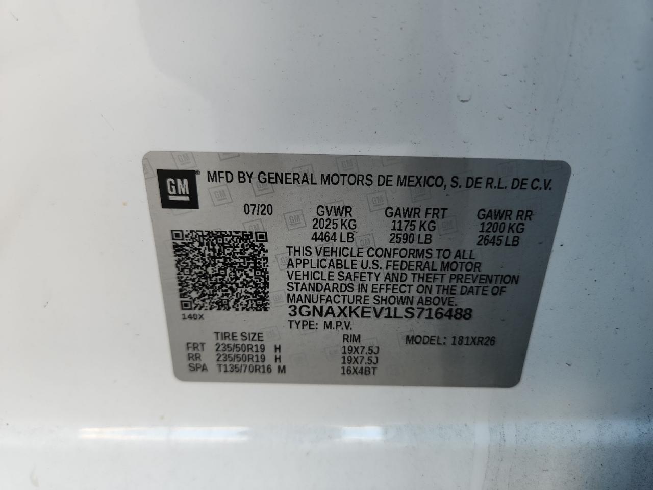 2020 Chevrolet Equinox Lt VIN: 3GNAXKEV1LS716488 Lot: 85148575