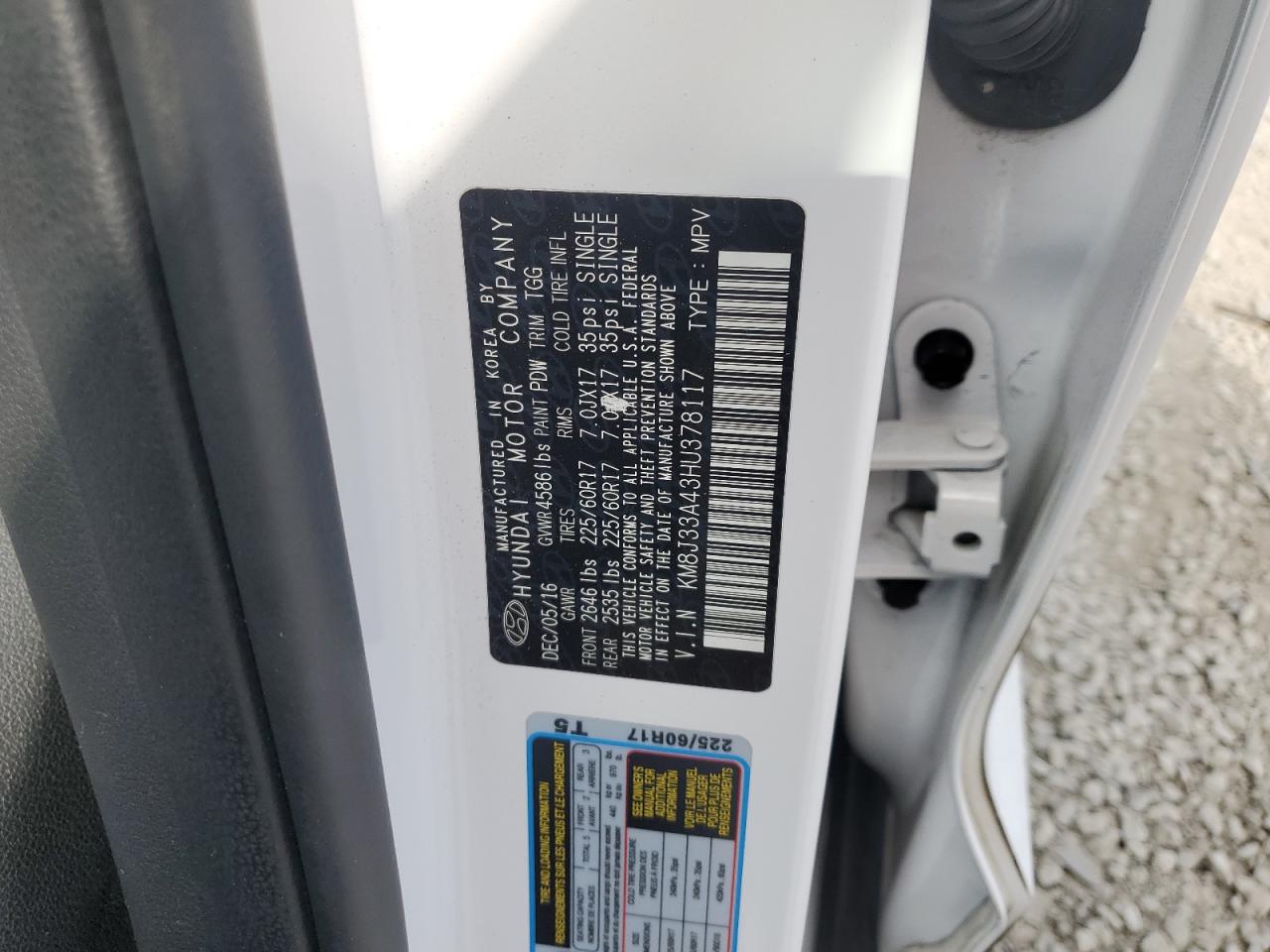 2017 Hyundai Tucson Limited VIN: KM8J33A43HU378117 Lot: 82215755