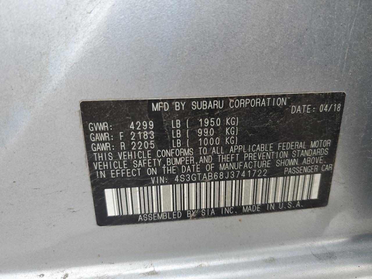2018 Subaru Impreza Premium VIN: 4S3GTAB68J3741722 Lot: 84892295