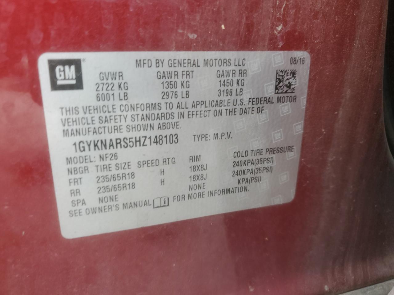 2017 Cadillac Xt5 VIN: 1GYKNARS5HZ148103 Lot: 86624985