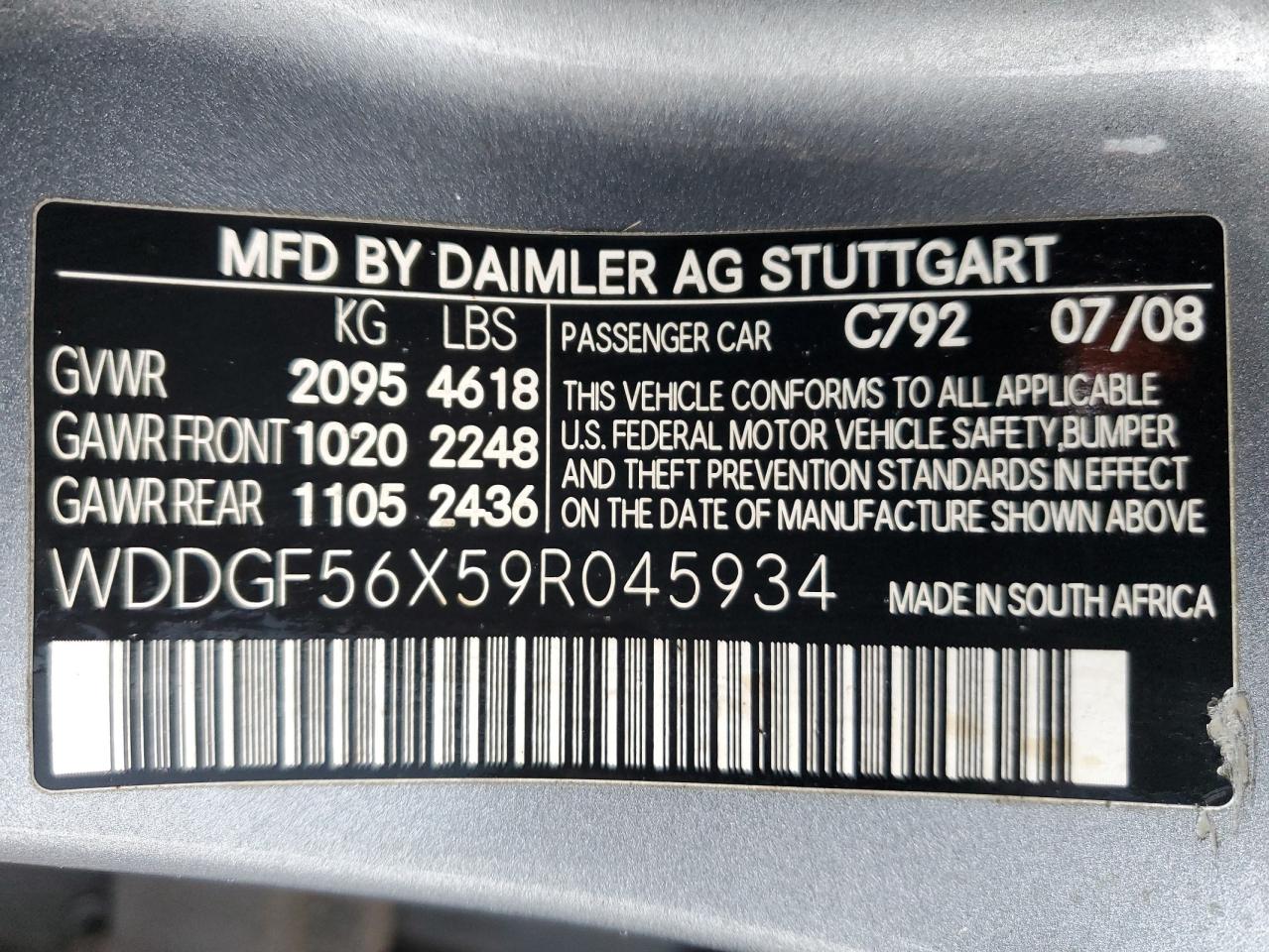 2009 Mercedes-Benz C 350 VIN: WDDGF56X59R045934 Lot: 82236515