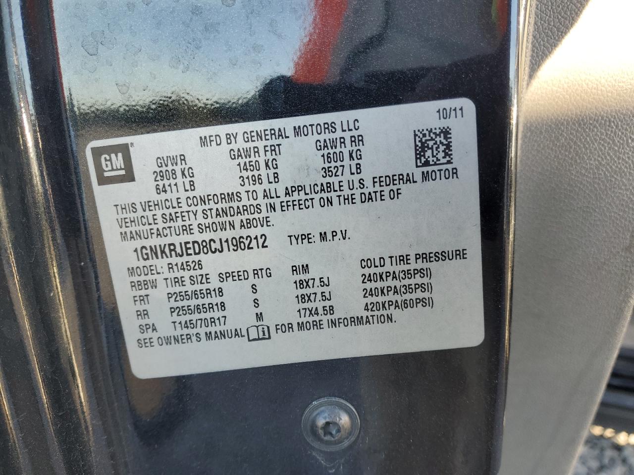 2012 Chevrolet Traverse Lt VIN: 1GNKRJED8CJ196212 Lot: 86243675