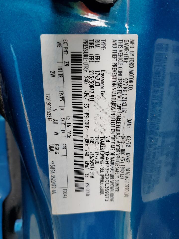 2012 Ford Focus Sel VIN: 1FAHP3H2XCL369673 Lot: 85598965