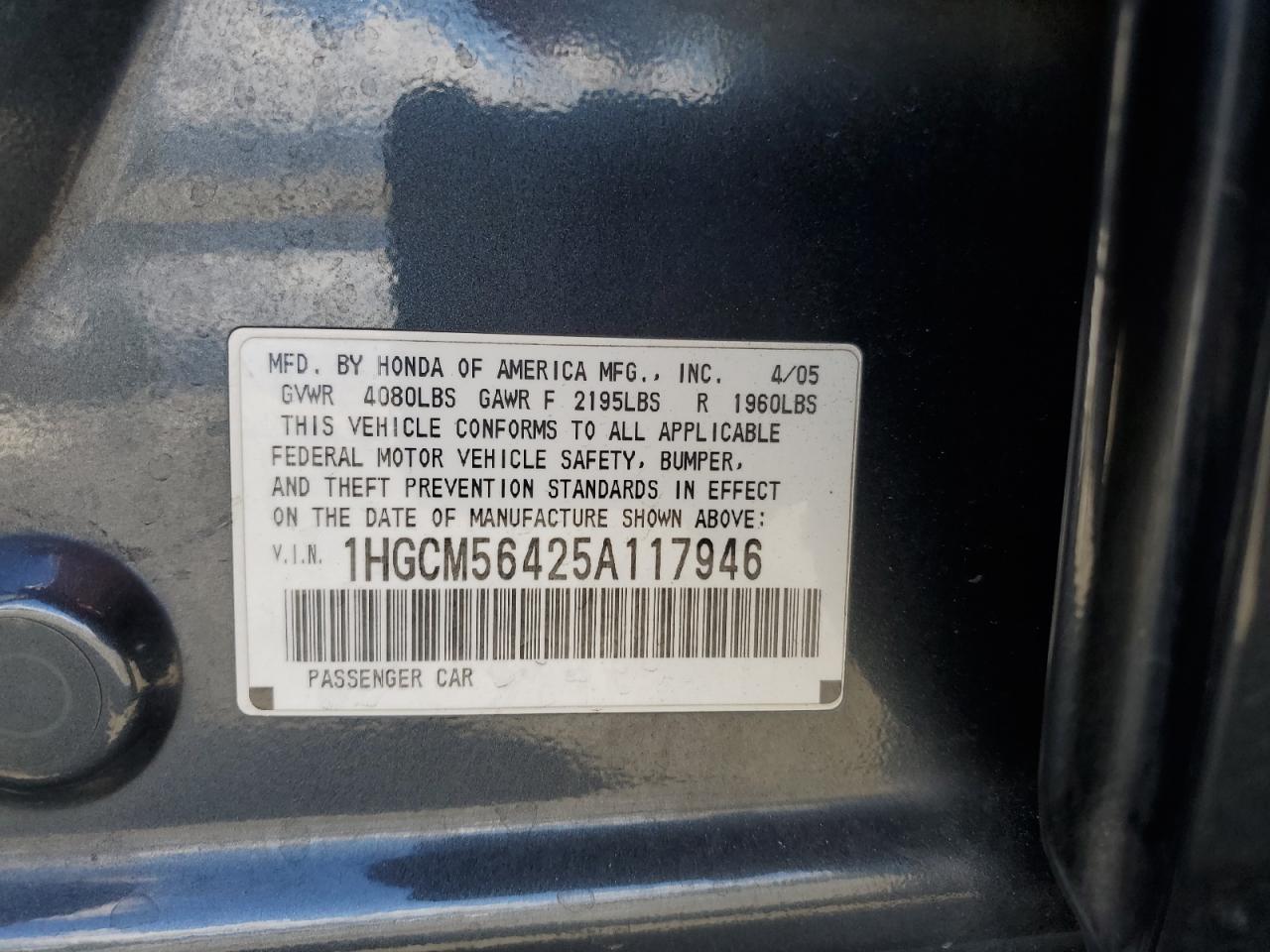 2005 Honda Accord Lx VIN: 1HGCM56425A117946 Lot: 80637855