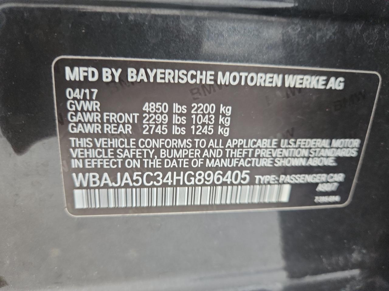 2017 BMW 530 I VIN: WBAJA5C34HG896405 Lot: 85378555