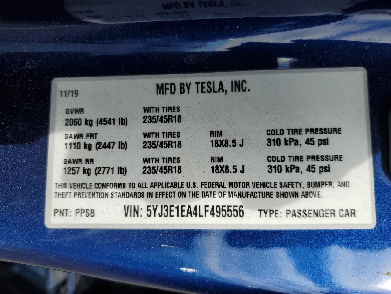 2020 Tesla Model 3 VIN: 5YJ3E1EA4LF495556 Lot: 90727735