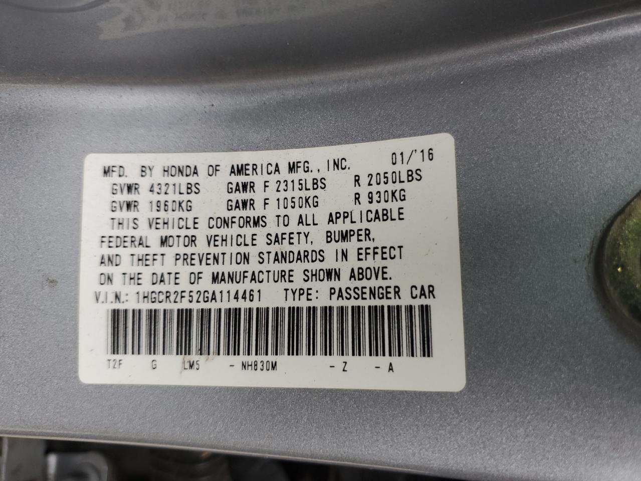 2016 Honda Accord Sport VIN: 1HGCR2F52GA114461 Lot: 82283435