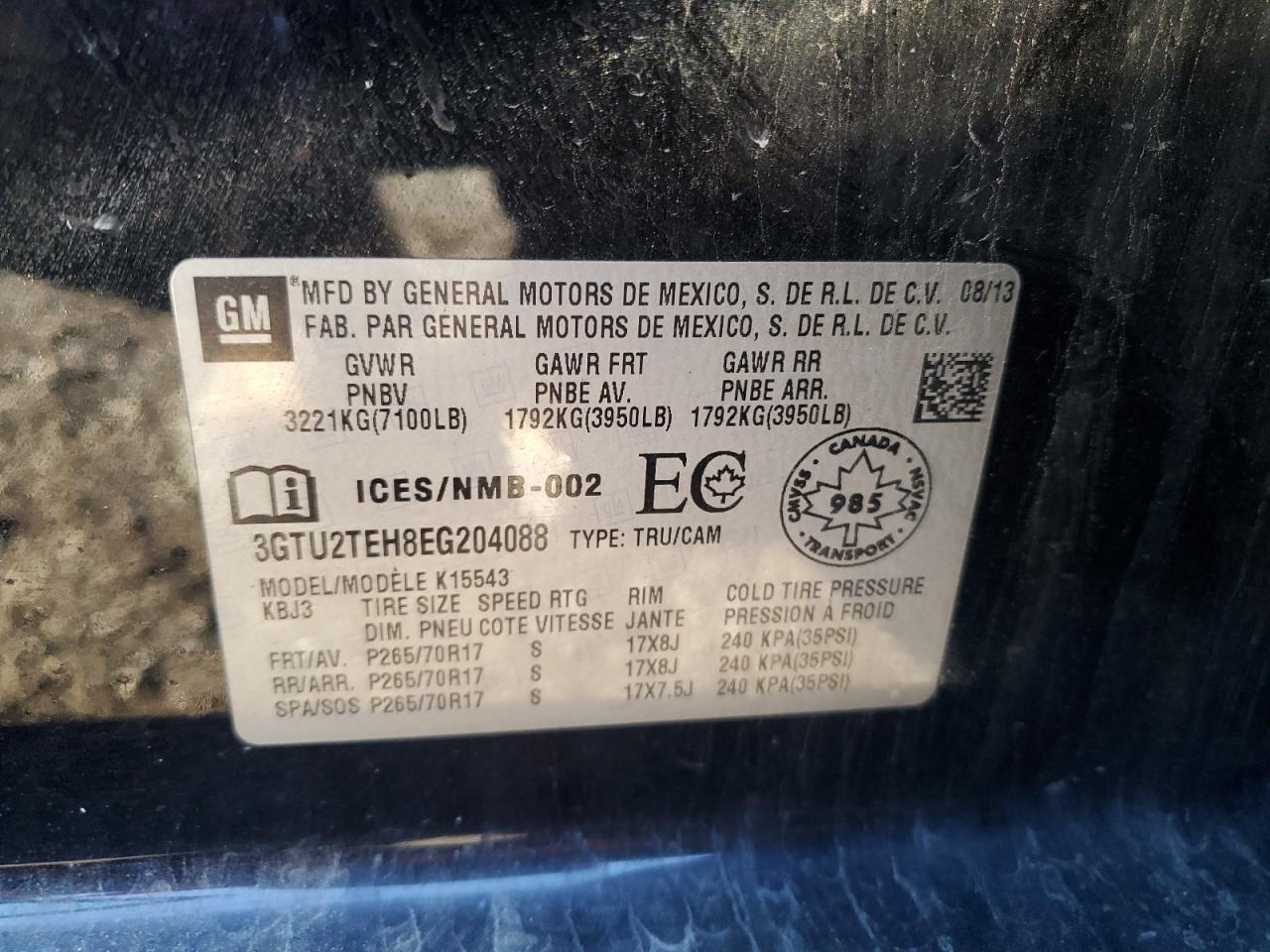 2014 GMC Sierra K1500 VIN: 3GTU2TEH8EG204088 Lot: 85318965