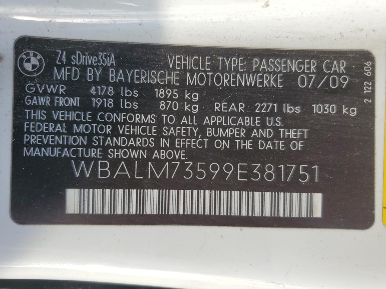 2009 BMW Z4 Sdrive35I VIN: WBALM73599E381751 Lot: 82202865