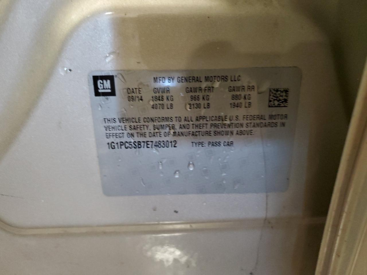 2014 Chevrolet Cruze Lt VIN: 1G1PC5SB7E7483012 Lot: 85839635