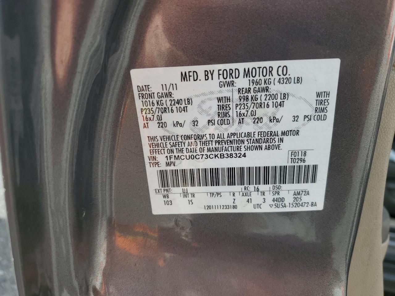 2012 Ford Escape Xls VIN: 1FMCU0C73CKB38324 Lot: 86235615