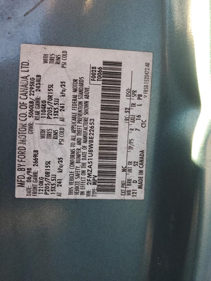 1998 Ford Windstar Wagon VIN: 2FMZA51U8WBE22653 Lot: 80886075