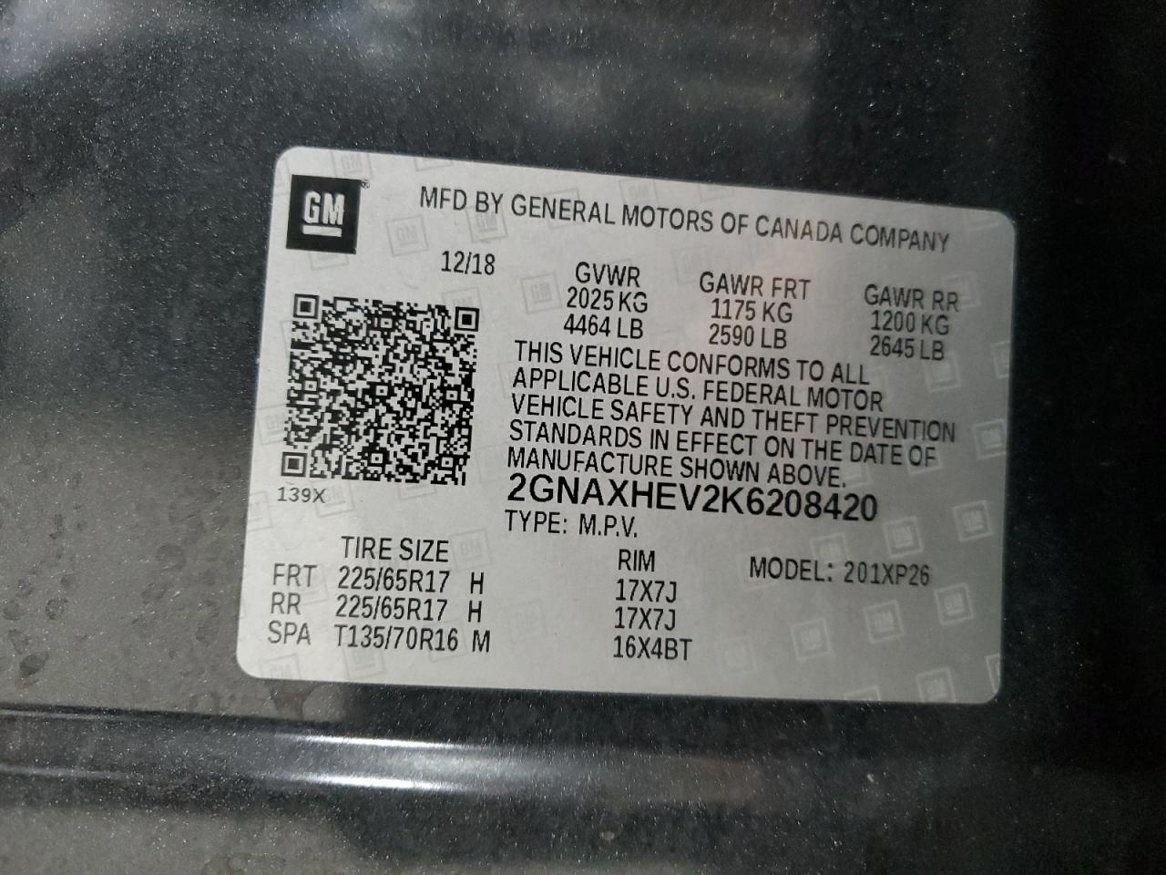 2019 Chevrolet Equinox Ls VIN: 2GNAXHEV2K6208420 Lot: 86455465