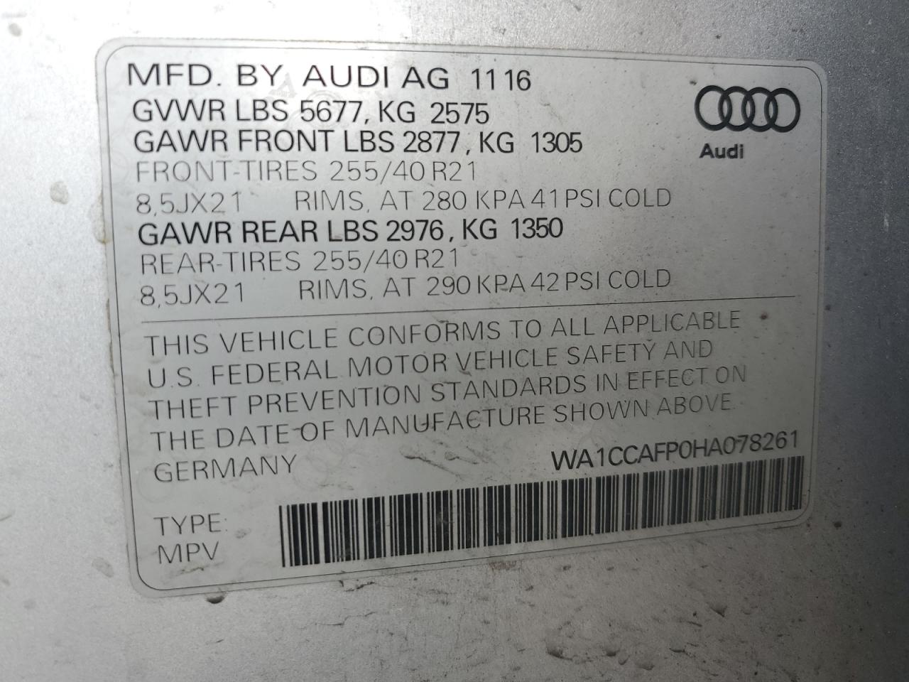 2017 Audi Sq5 Premium Plus VIN: WA1CCAFP0HA078261 Lot: 84831325