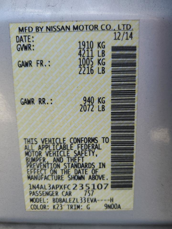 2015 Nissan Altima 2.5 VIN: 1N4AL3APXFC235107 Lot: 85934945