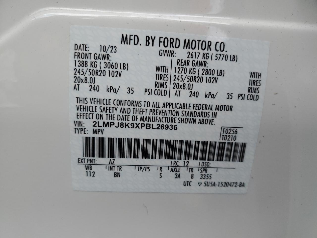 2023 Lincoln Nautilus Reserve VIN: 2LMPJ8K9XPBL26936 Lot: 87274665