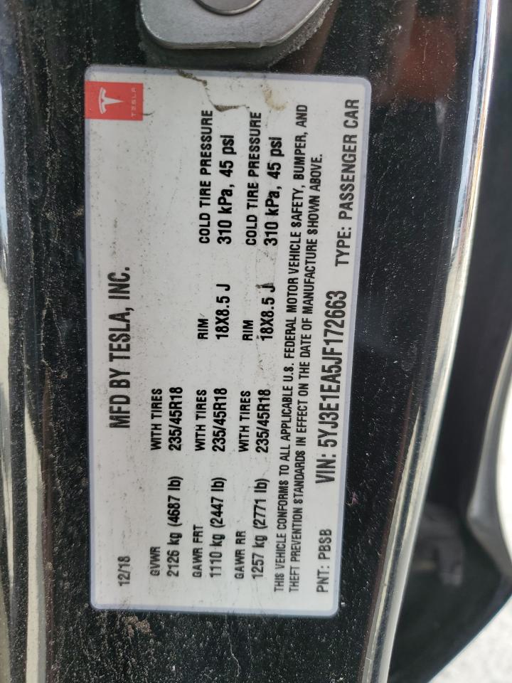 2018 Tesla Model 3 VIN: 5YJ3E1EA5JF172663 Lot: 85147265