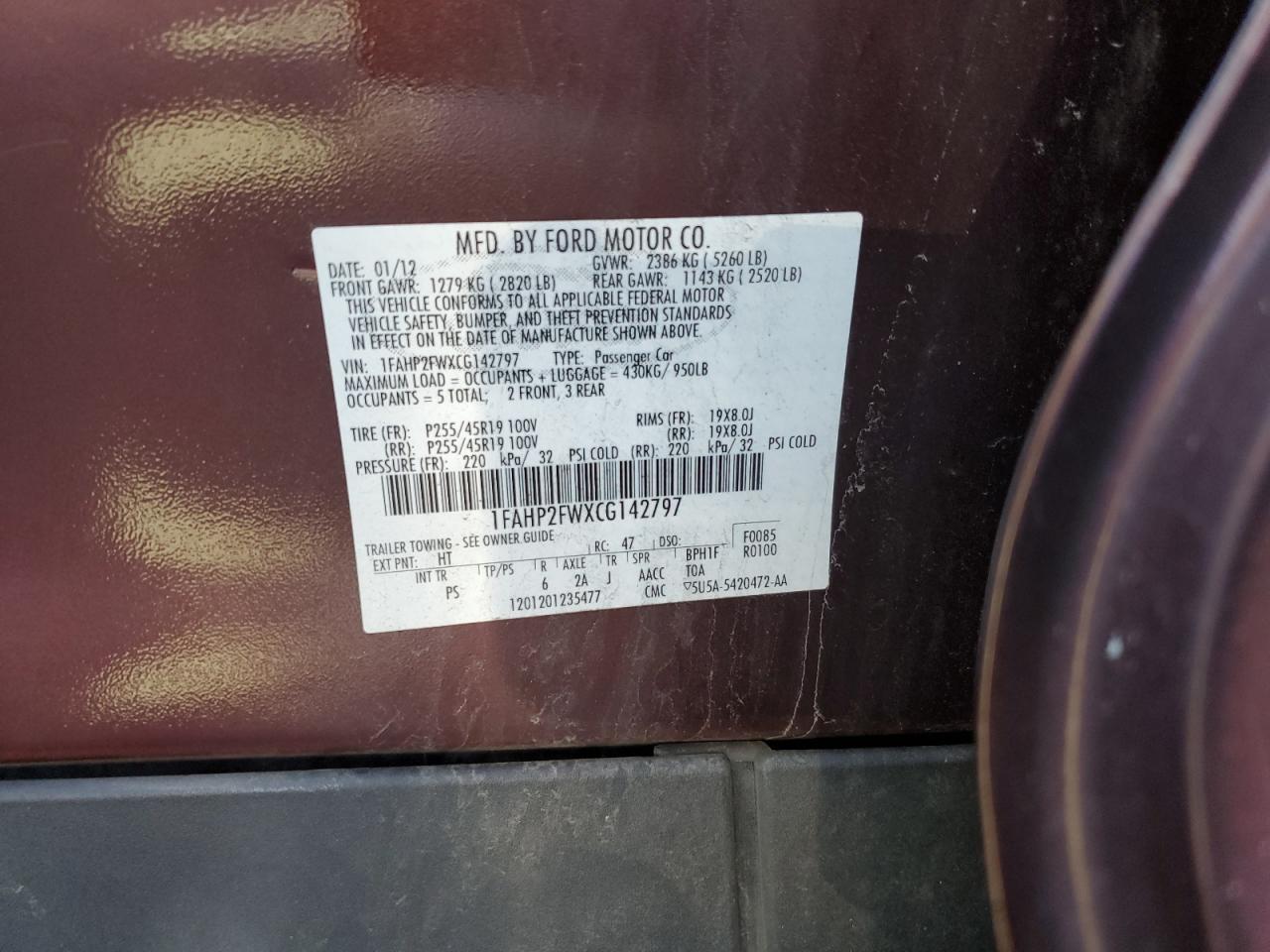 2012 Ford Taurus Limited VIN: 1FAHP2FWXCG142797 Lot: 89525165