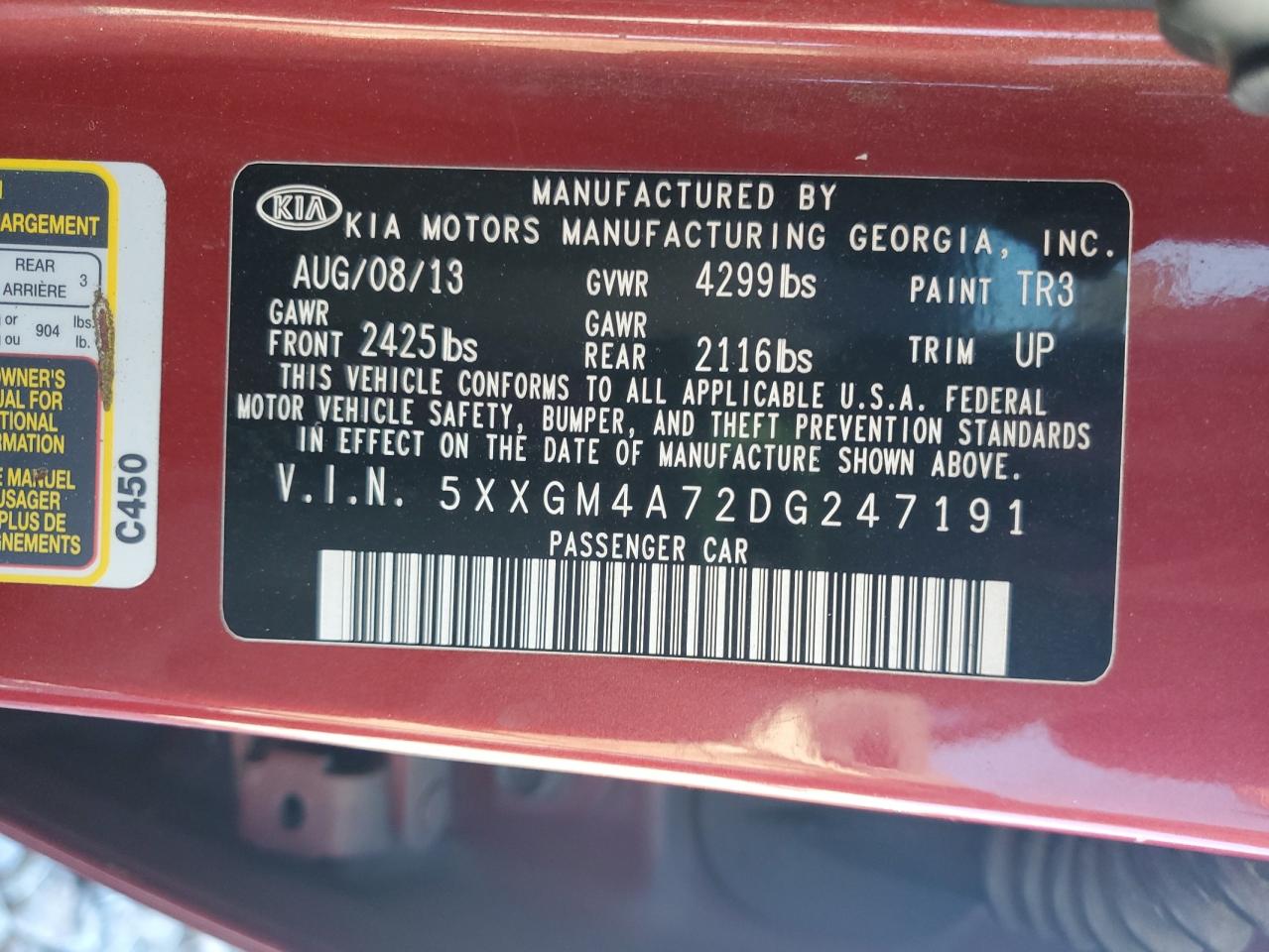 2013 Kia Optima Lx VIN: 5XXGM4A72DG247191 Lot: 81833475