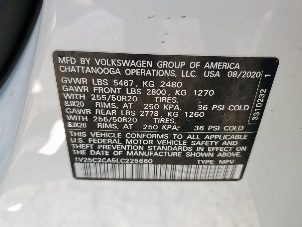 2020 Volkswagen Atlas Cross Sport Se VIN: 1V25C2CA5LC225660 Lot: 86475775
