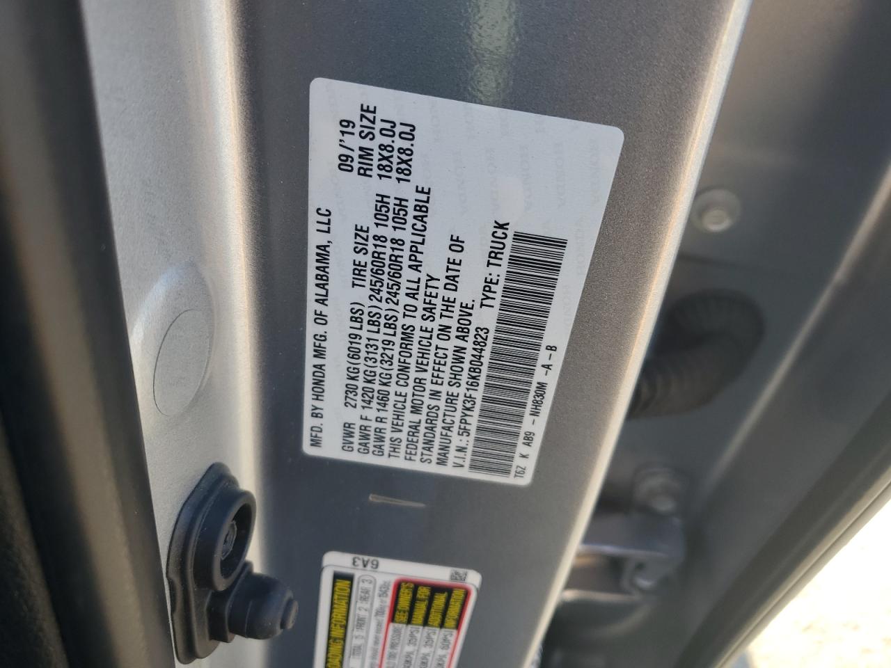 2019 Honda Ridgeline Sport VIN: 5FPYK3F16KB044823 Lot: 90563925