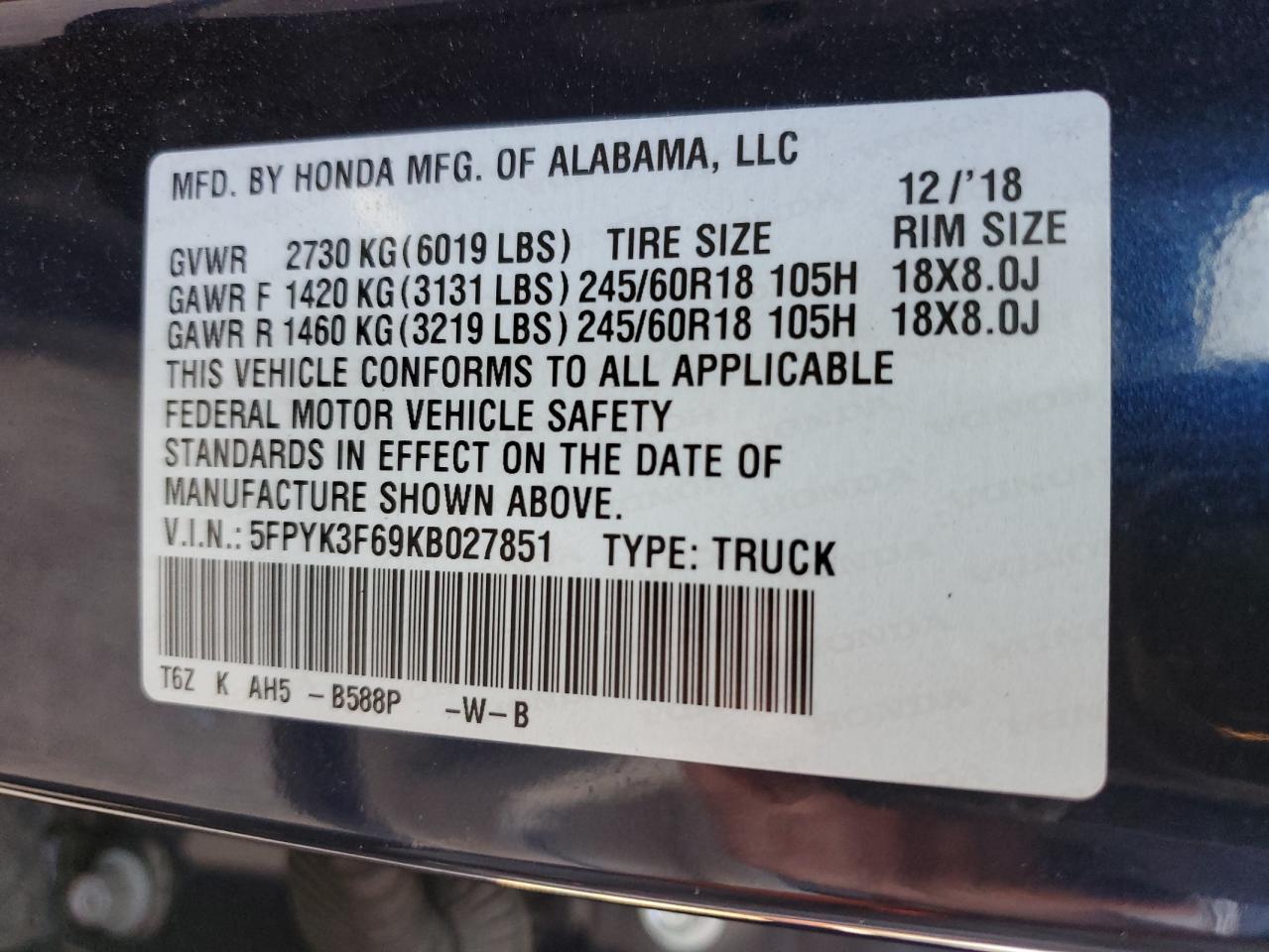 2019 Honda Ridgeline Rtl VIN: 5FPYK3F69KB027851 Lot: 84534805