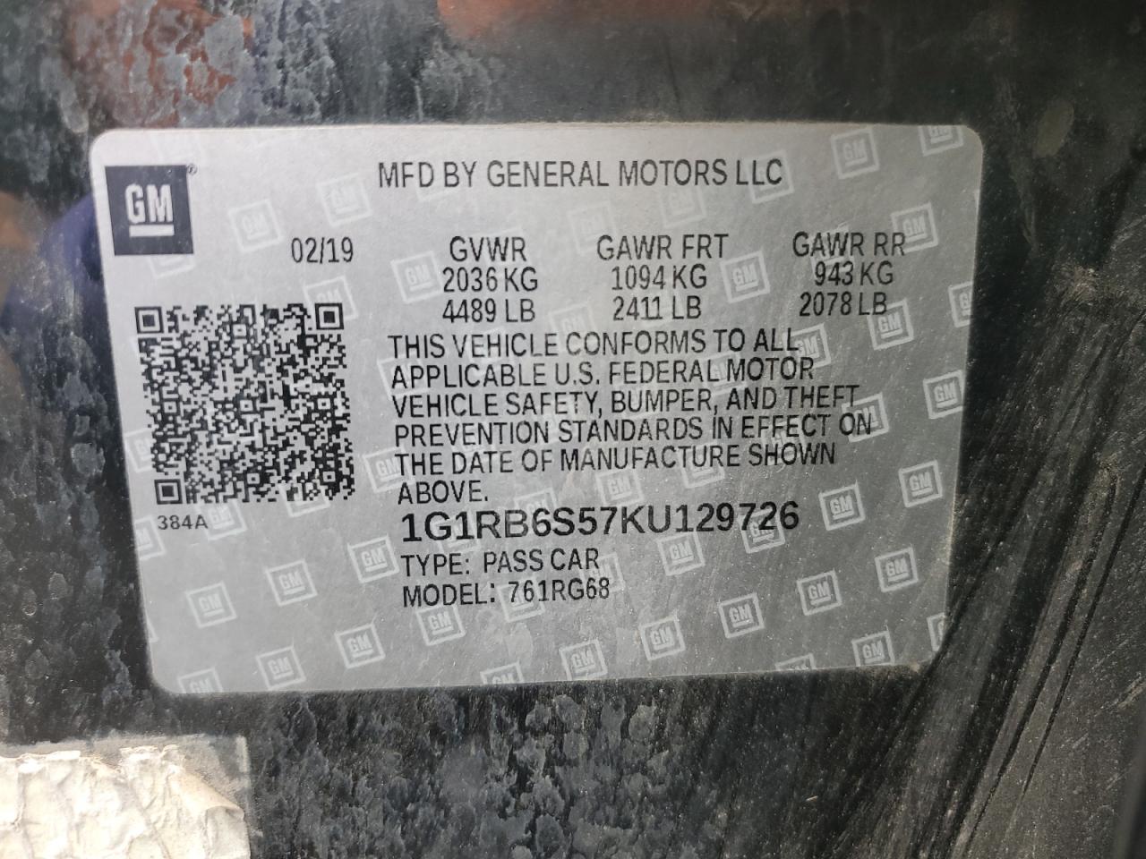 2019 Chevrolet Volt Premier VIN: 1G1RB6S57KU129726 Lot: 85342375