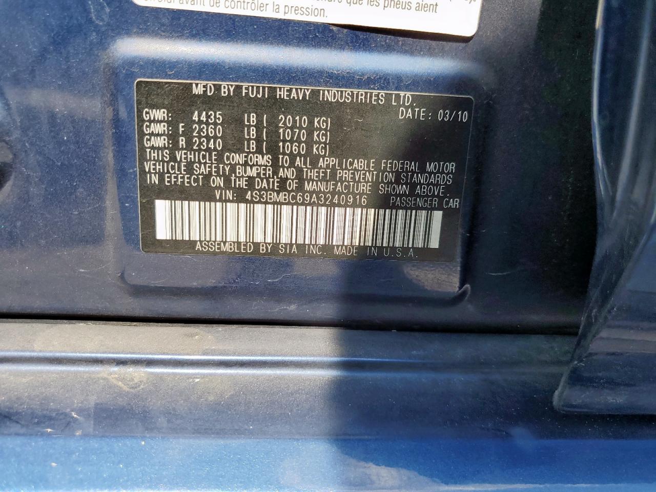 2010 Subaru Legacy 2.5I Premium VIN: 4S3BMBC69A3240916 Lot: 84953755