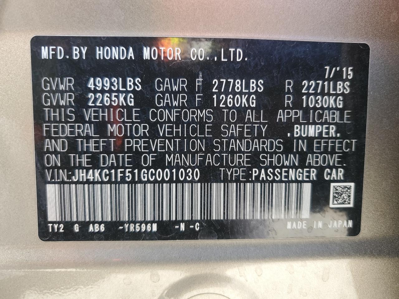 2016 Acura Rlx Tech VIN: JH4KC1F51GC001030 Lot: 90656495