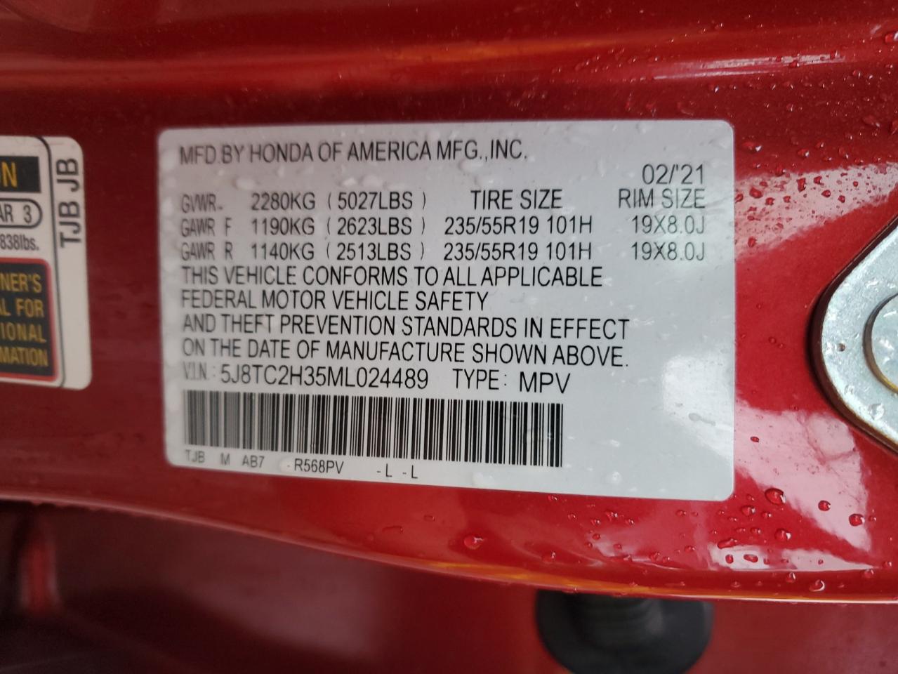 2021 Acura Rdx VIN: 5J8TC2H35ML024489 Lot: 87020905