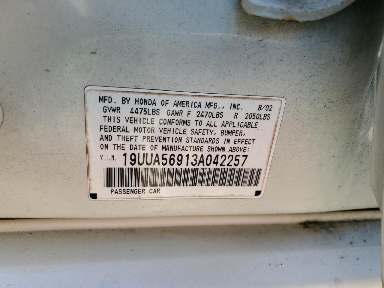 2003 Acura 3.2Tl Type-S VIN: 19UUA56913A042257 Lot: 90904025