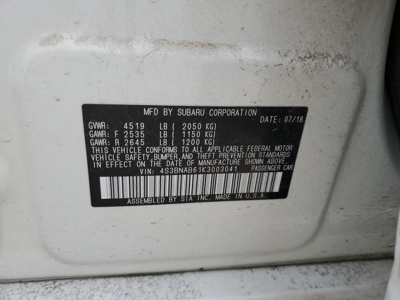 2019 Subaru Legacy 2.5I VIN: 4S3BNAB61K3003041 Lot: 89481745