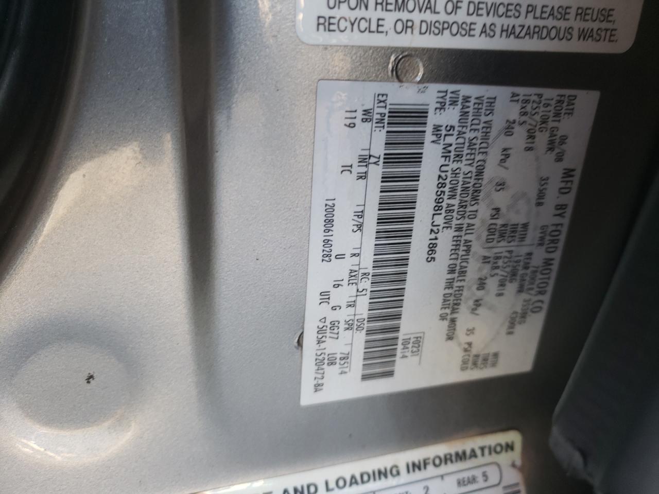 2008 Lincoln Navigator VIN: 5LMFU28598LJ21865 Lot: 82199385