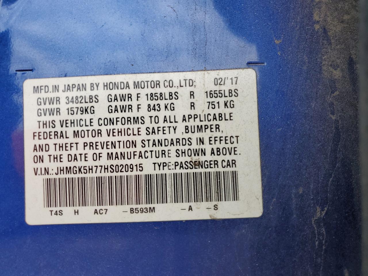 2017 Honda Fit Ex VIN: JHMGK5H77HS020915 Lot: 89873435