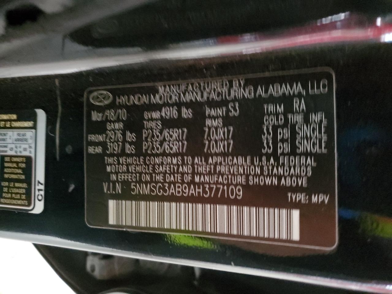 2010 Hyundai Santa Fe Gls VIN: 5NMSG3AB9AH377109 Lot: 86149085